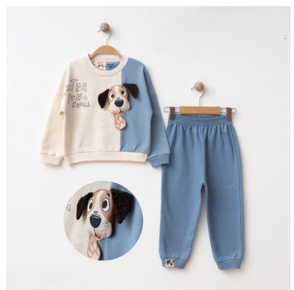 Köpek Aplikeli Eşofman Takımı - Mavi
