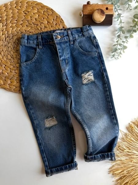 Yırtık Detaylı Pantolon - Koyu Mavi
