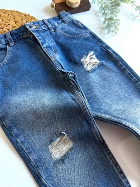 Yırtık Detaylı Pantolon - Koyu Mavi