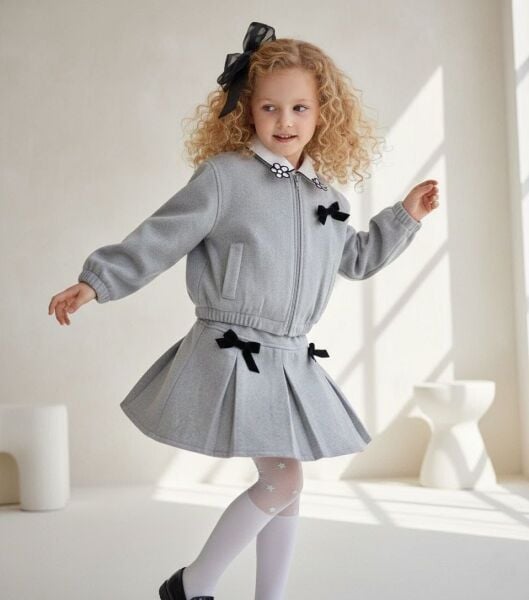 Kaşe CeketLİ Etekli Fiyonklu Takım - Gri