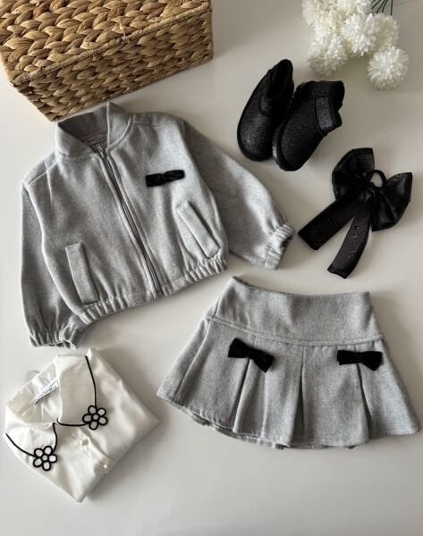 Kaşe CeketLİ Etekli Fiyonklu Takım - Gri