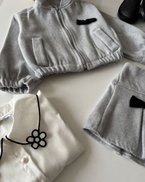 Kaşe CeketLİ Etekli Fiyonklu Takım - Gri