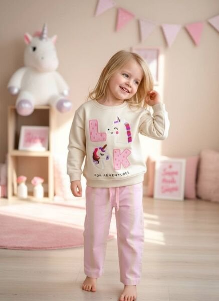 Unicorn Nakışlı Çizgili Takım - Pembe