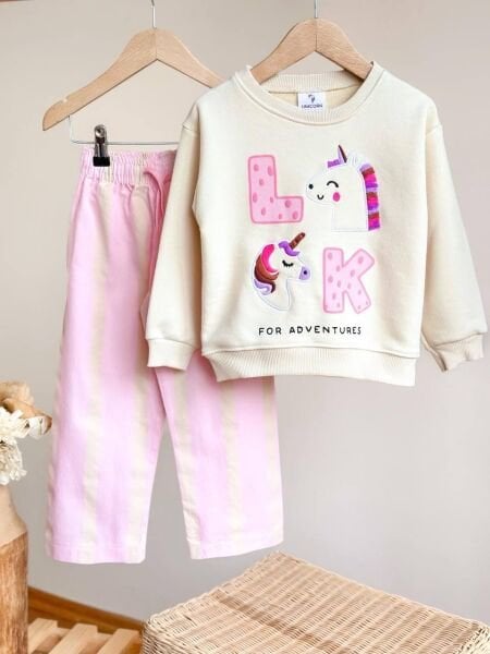 Unicorn Nakışlı Çizgili Takım - Pembe