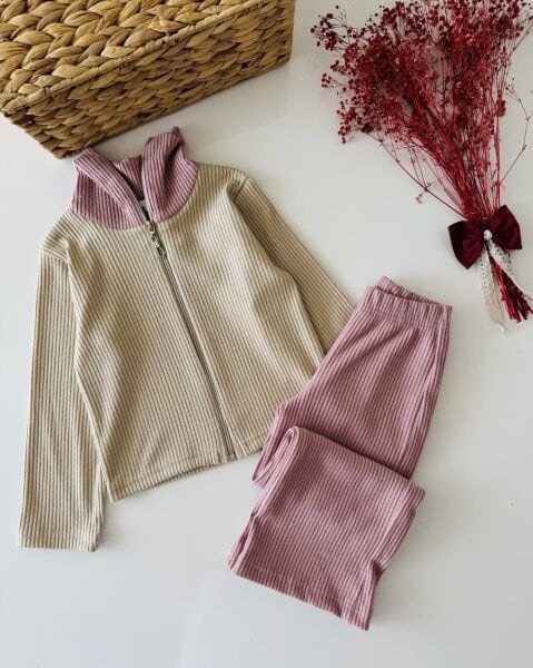 Pamuklu Fermuarlı 2’li Set - Pudra