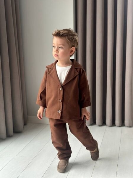 Asarkids Dokuma Keten Ceket Pantolon 2'li Takım - Kahverengi