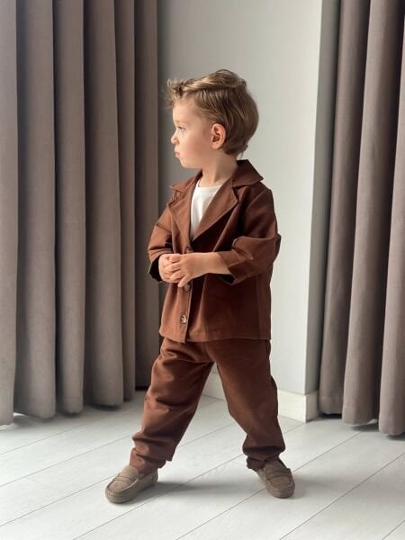 Asarkids Dokuma Keten Ceket Pantolon 2'li Takım - Kahverengi