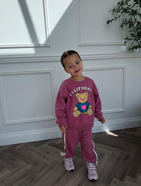 Ayıcık Baskılı Fiyonklu Eşofman Takımı - Mürdüm