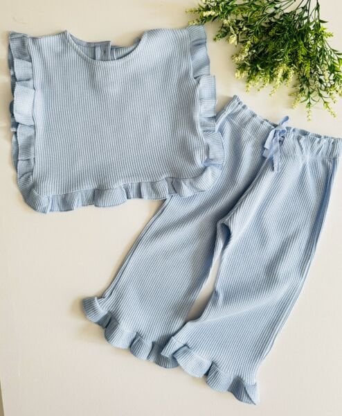 Gofre İpek Takım - Mavi