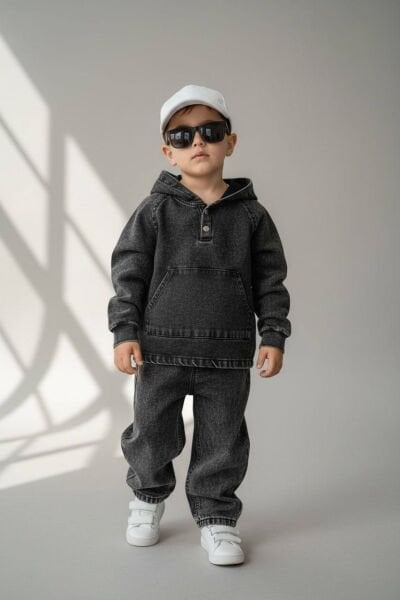 Kanguru Cepli Denim 2'li Takım - Siyah