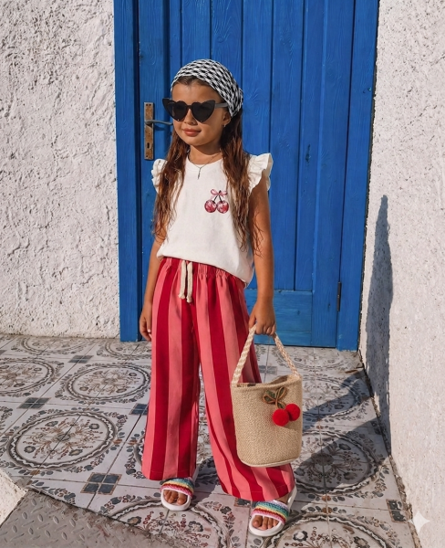 Asar Kids Kiraz Baskılı Fırfırlı Tişört Çizgili Müslin 2’li Takım - Pembe