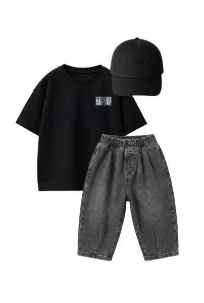 Asarkids La'ciel Paris Sloganlı Balon Pantolon 2' Seti - Siyah