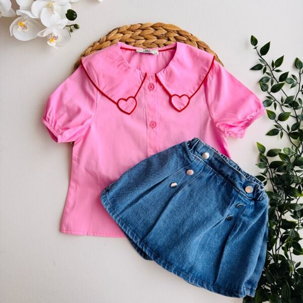 Kalp Aplikeli Denim Şort Etekli Kalben Takım - Pembe