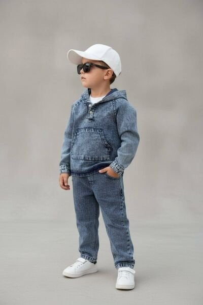 Kanguru Cepli Denim 2'li Takım - Mavi