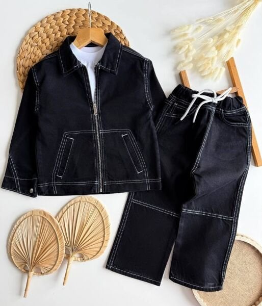 Asarkids Denim Fermuarlı Oversize 2'li Takım - Siyah