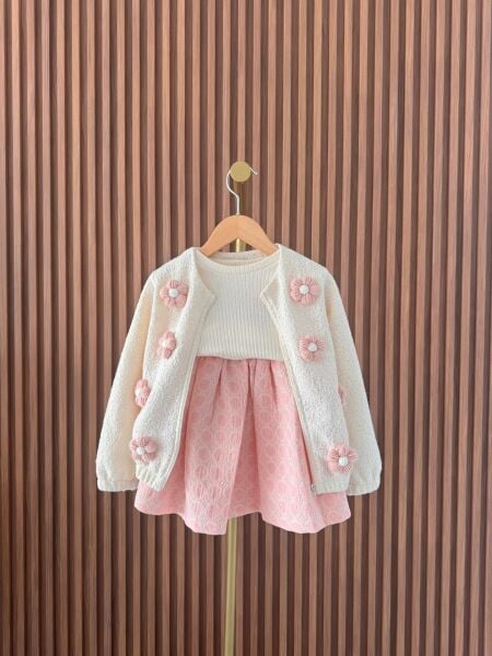 Papatya Aplikeli Etekli Fermuarlı 3'lü Takım - Pembe