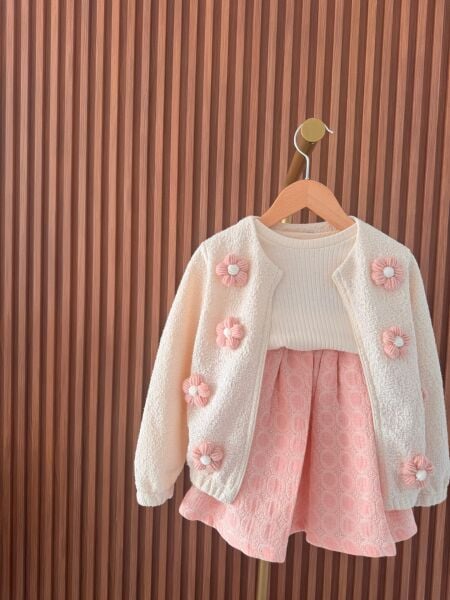 Papatya Aplikeli Etekli Fermuarlı 3'lü Takım - Pembe