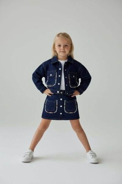 Cep Kenarları Çiçek Nakışlı Denim Etekli  Takım - Koyu Mavi