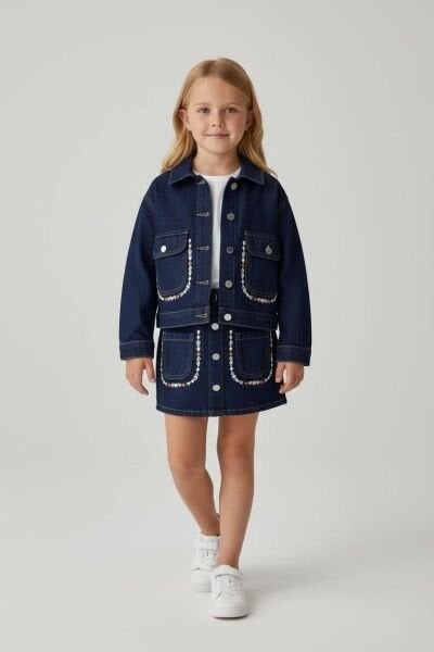 Cep Kenarları Çiçek Nakışlı Denim Etekli  Takım - Koyu Mavi