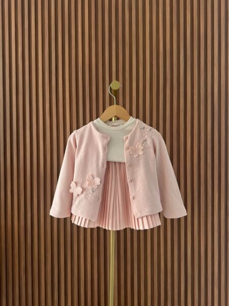 Kelebek Aplikeli Nakışlı Etekli 3'lü Takım - Pembe