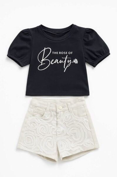 Tül Gül Şortlu Gülce Takım - Siyah