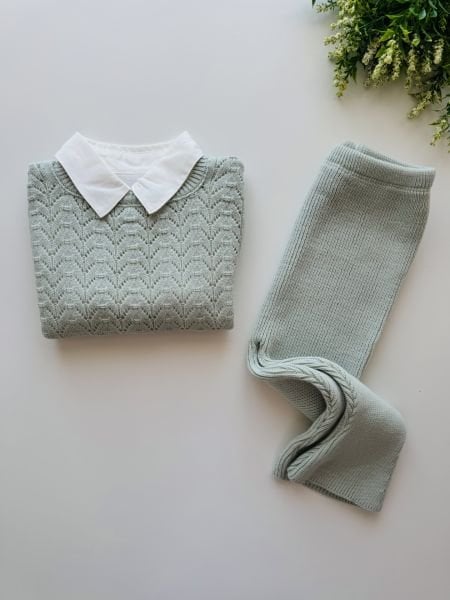 Triko Yandan Bağlamalı Gömlek Pantolon 3'lü Set - Yeşil