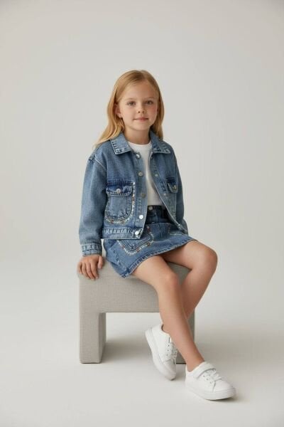 Cep Kenarları Çiçek Nakışlı Denim Etekli  Takım - Mavi