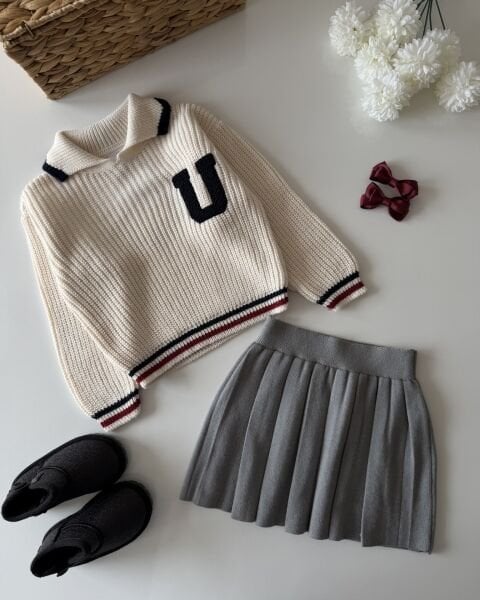 Asarkids Triko Etekli Kolej Takım - Krem Gri