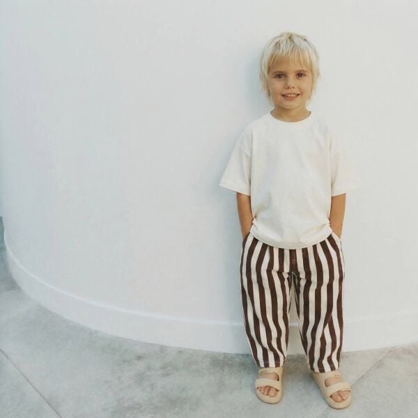 Asarkids La'ciel Paris Çizgili Balon Pantolon Tişört 2'li Set - Kahve Beyaz