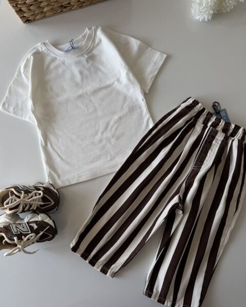 Asarkids La'ciel Paris Çizgili Balon Pantolon Tişört 2'li Set - Kahve Beyaz