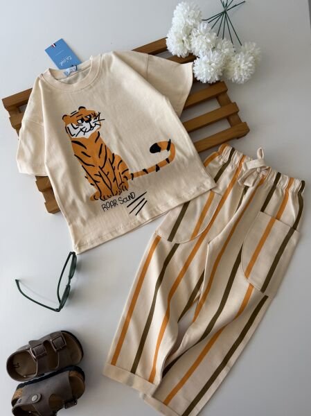 Asarkids La'ciel Paris Tiger Baskılı Çizgili 2'li Takım - Krem