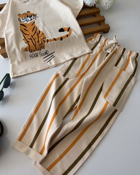 Asarkids La'ciel Paris Tiger Baskılı Çizgili 2'li Takım - Krem