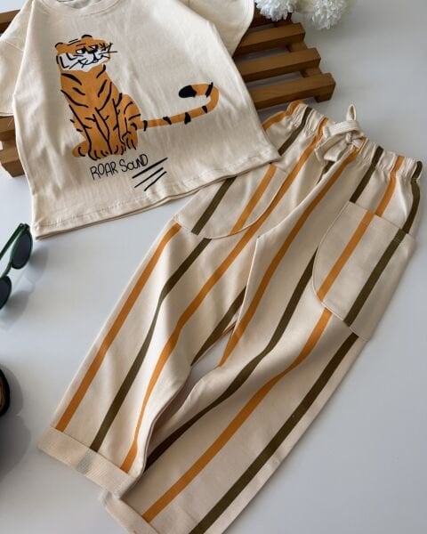 Asarkids La'ciel Paris Tiger Baskılı Çizgili 2'li Takım - Krem