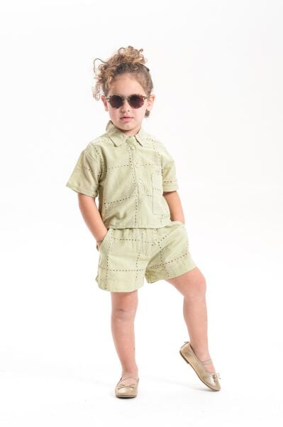 Keten Fisto İşlemeli Zeynep Takım - Yeşil