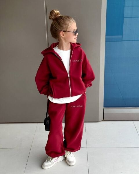 Fermuarlı Kapüşonlu 2’li Basic Lina Takım - Kırmızı