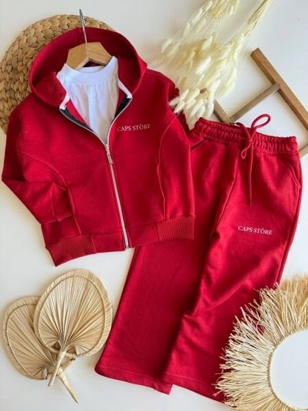 Fermuarlı Kapüşonlu 2’li Basic Lina Takım - Kırmızı