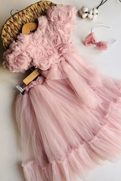 Asarkids Güllü Uzun Tütü Etekli 2’li Set - Pudra