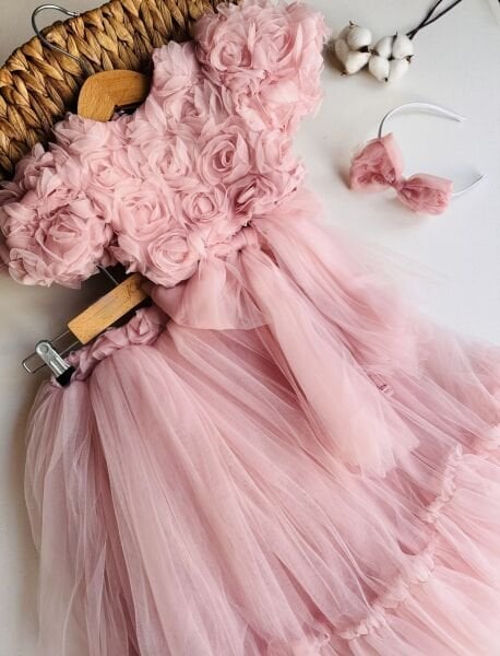 Asarkids Güllü Uzun Tütü Etekli 2’li Set - Pudra