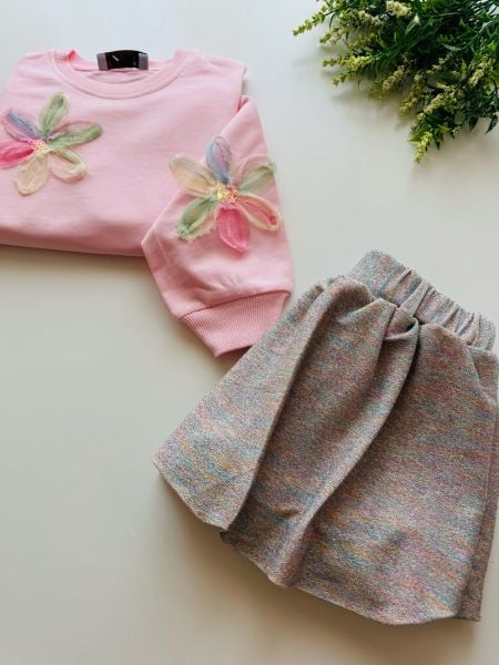 Tül Aplikeli Balon Etek 2'li Set - Pudra Gümüş