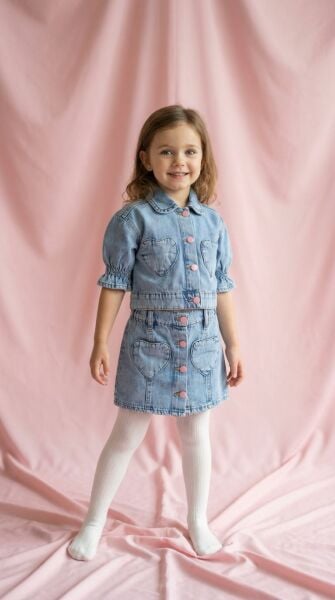 Denim Kalp Detaylı 2'li Takım - Mavi