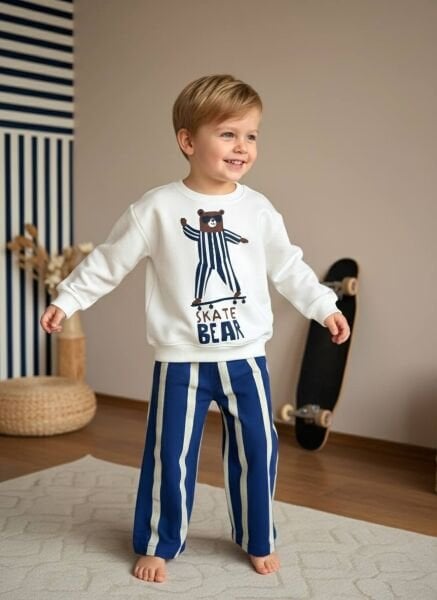 Bear Baskılı Çizgili Takım - Mavi