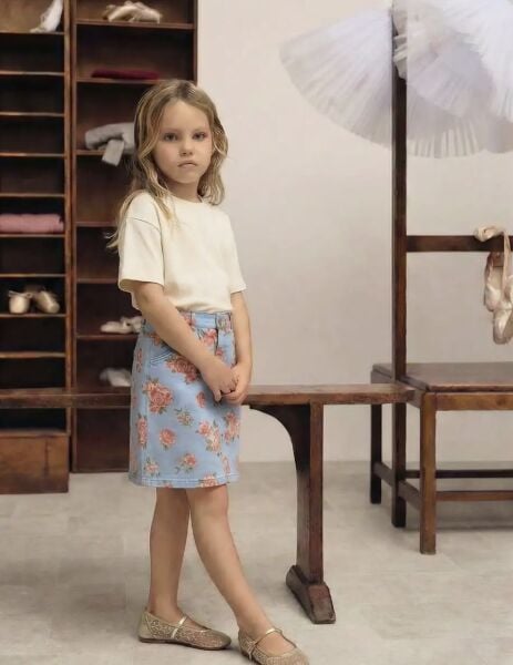 Asarkids La'ciel Paris Esnek Çiçekli Diz Altı Etek Tişört Seti - Krem Mavi Çiçekli