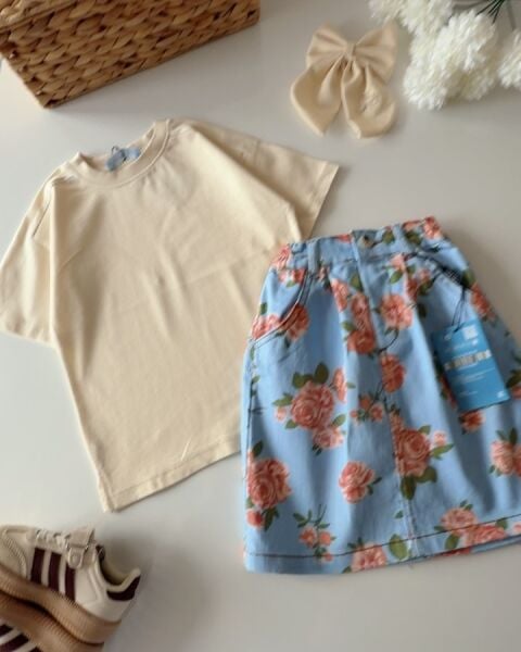 Asarkids La'ciel Paris Esnek Çiçekli Diz Altı Etek Tişört Seti - Krem Mavi Çiçekli