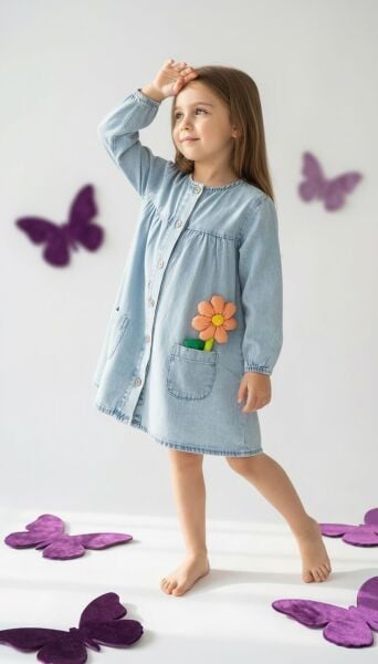 Çiçek Aplikeli Denim Elbise - Mavi