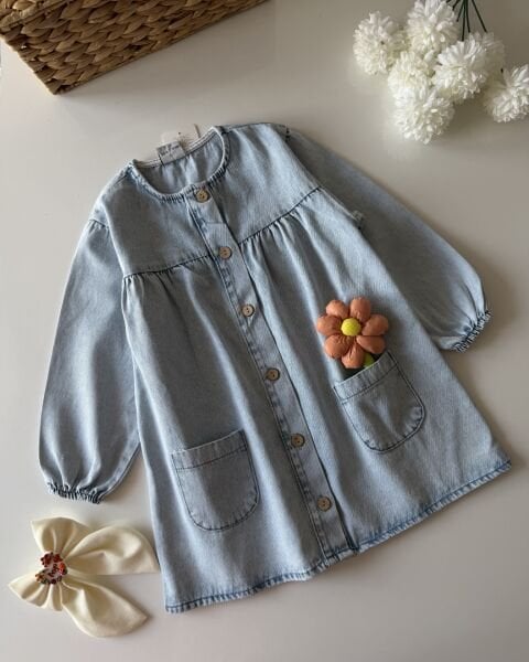 Asarkids Papatya  Aplikeli Denim Elbise - Mavi
