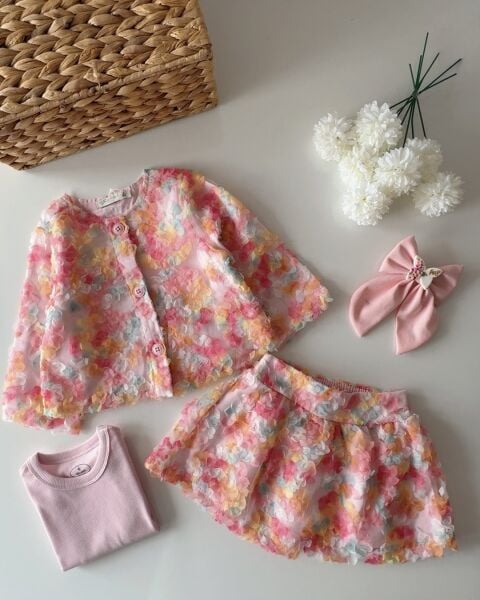 Pıtır Çiçekli Ceketli 3'lü Takım - Çok Renkli Pembe