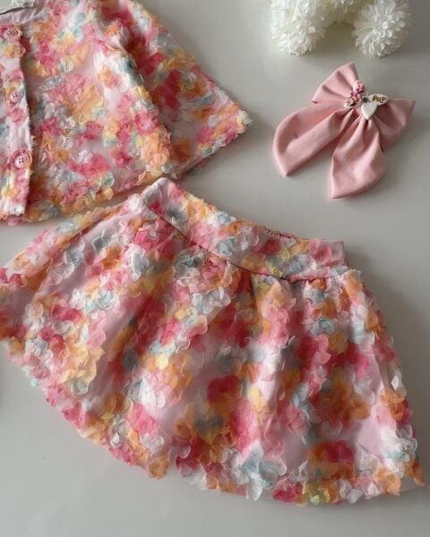 Pıtır Çiçekli Ceketli 3'lü Takım - Çok Renkli Pembe