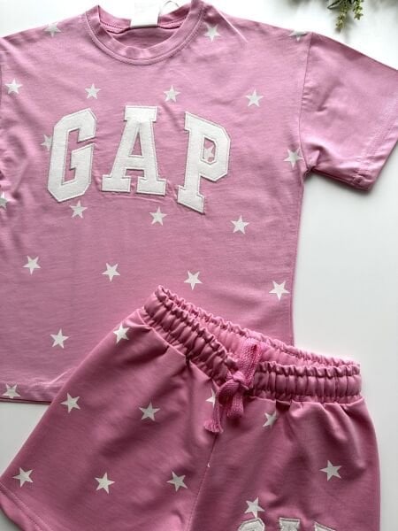 Logolu Yıldız Baskılı Şortlu Takım - Pembe