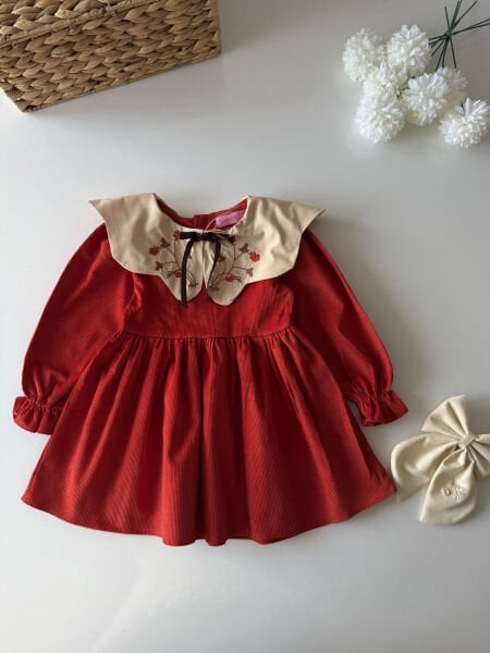 Asarkids Yakası Nakışlı Kadife Elbise - Turuncu