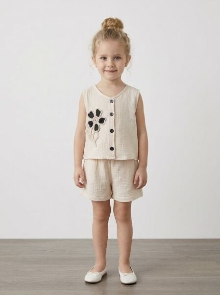 Asarkids Müslin Çiçek Nakışlı Yelekli 2'li Set  - Krem